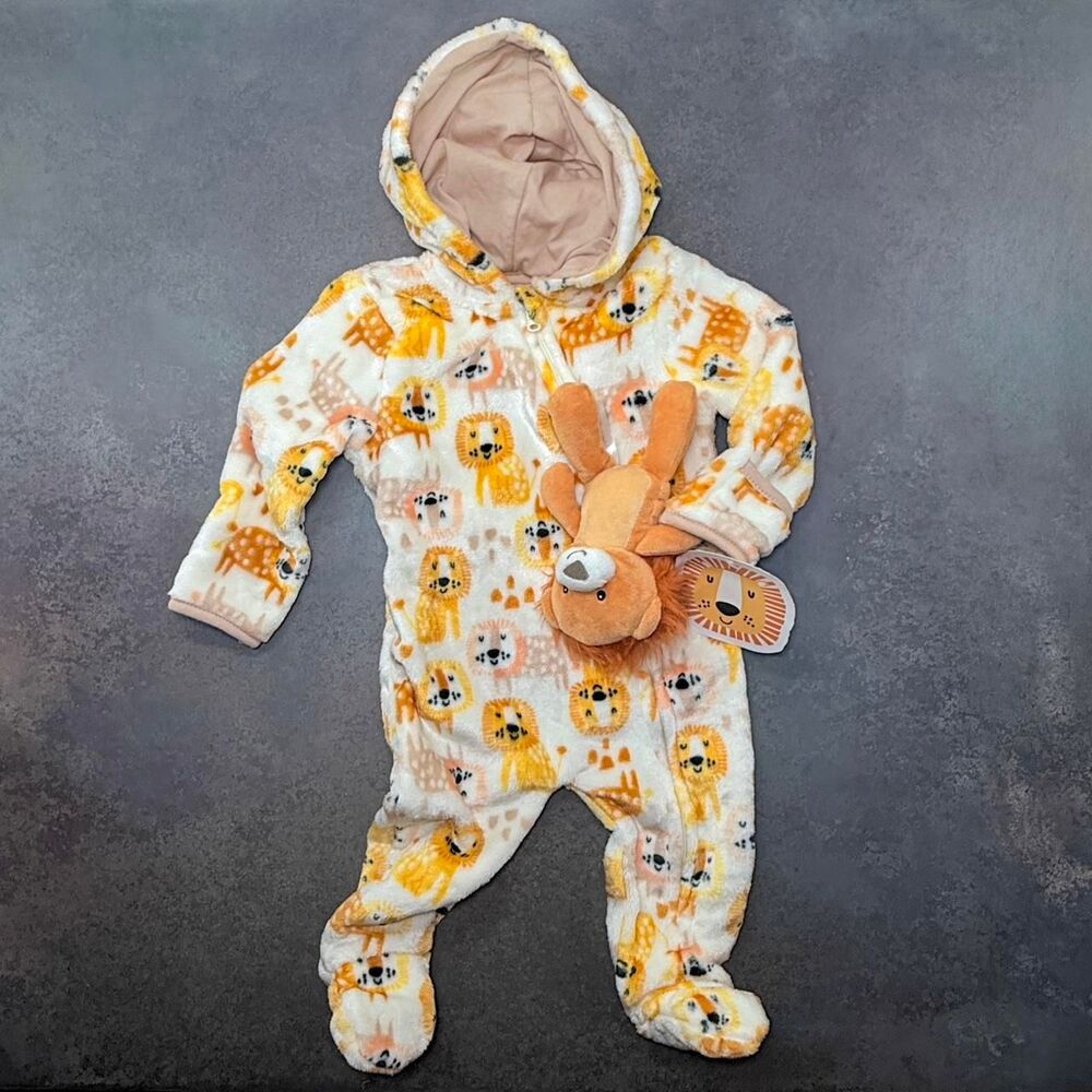 Little Beginnings Plush Fleece Jumpsuit Lion Print Romper Hood Bunting Pram 6–9M